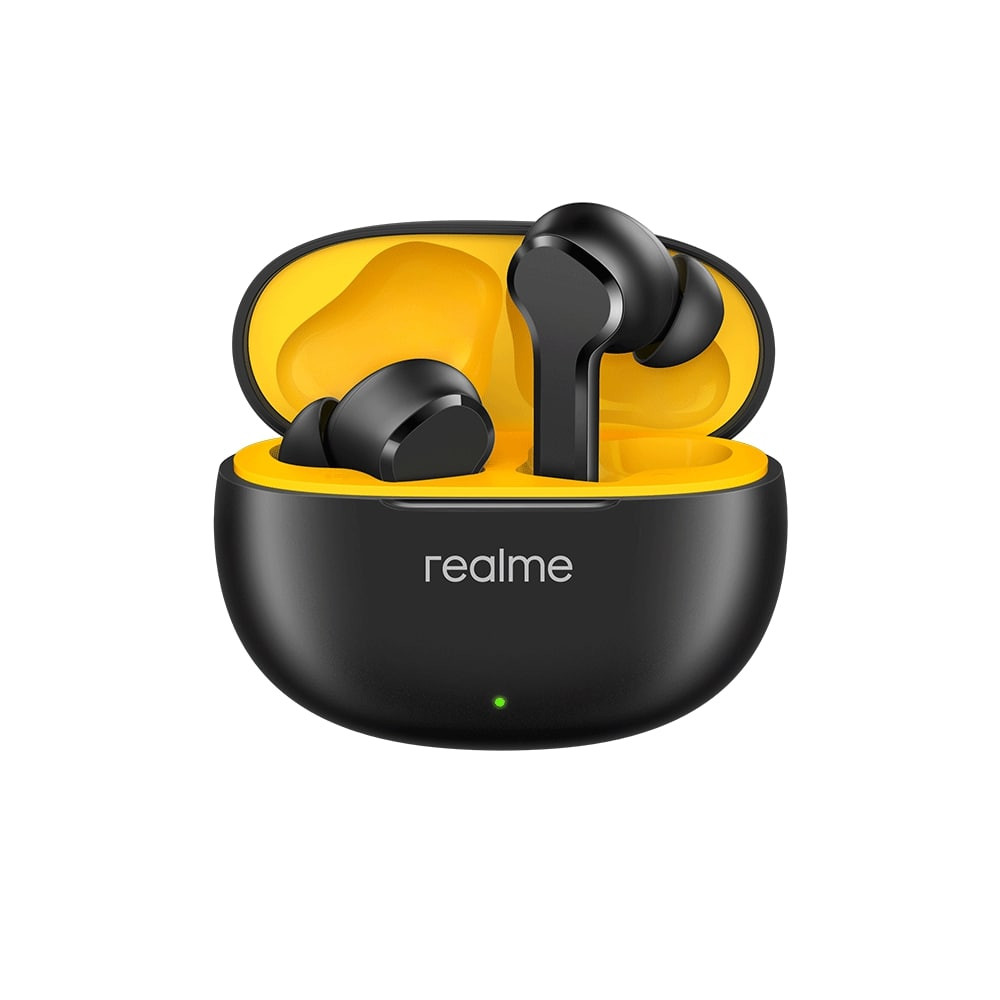 realme Buds T110 black earbuds with yellow case interior